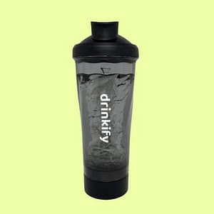 Drinkify black shaker bottle with logo on a light green background.