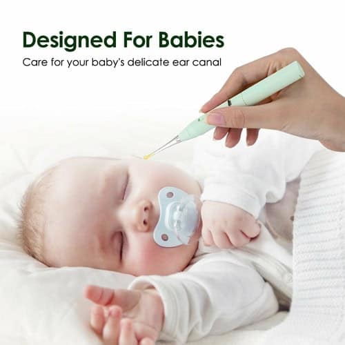 Baby receiving gentle ear care with a soft-tipped medical device.