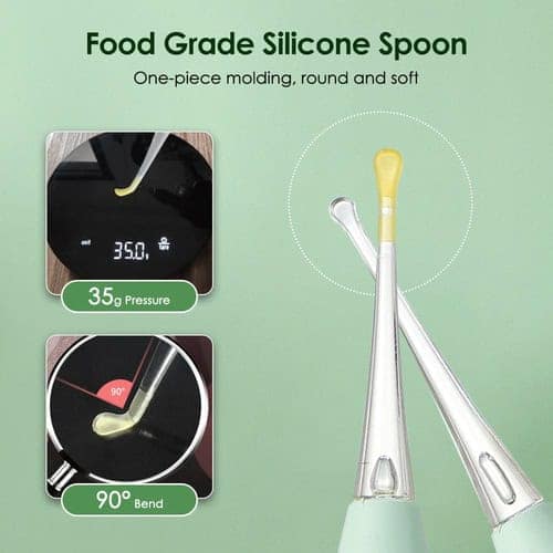 Food grade silicone spoon with pressure and bend features for safe cooking.