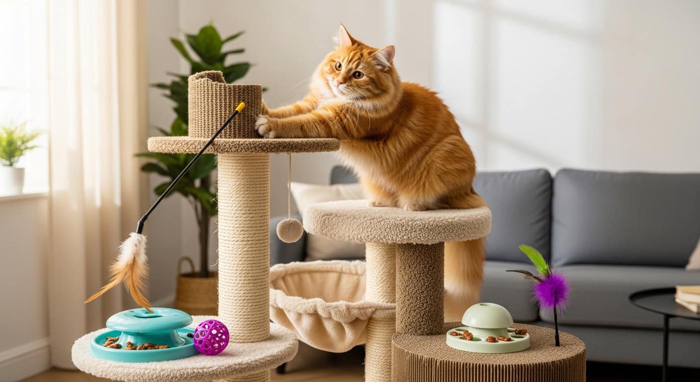 Orange tabby cat playing on a beige multi-level cat tree in a bright living room.