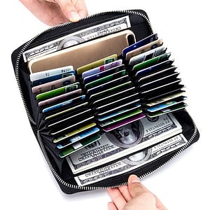 RFID wallet with 36 card slots and cash, black with zipper closure.