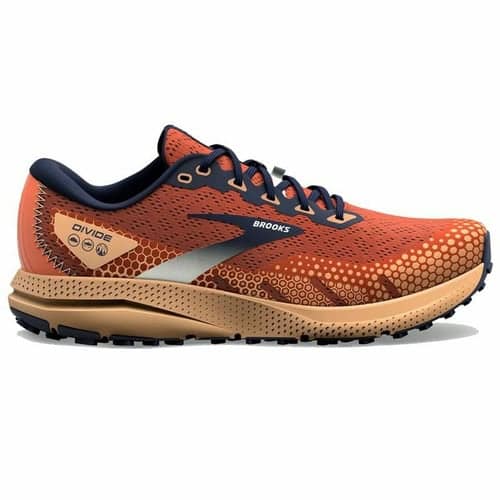 Brooks running shoe with orange, navy, and beige colors for trail running.