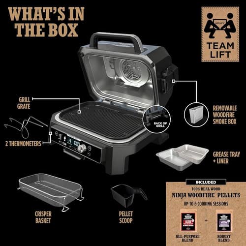 Ninja Woodfire ProConnect XL outdoor grill with accessories and woodfire pellets.