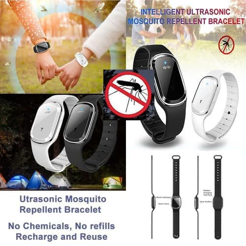 Ultrasonic mosquito repellent bracelet with rechargeable battery and no chemicals.