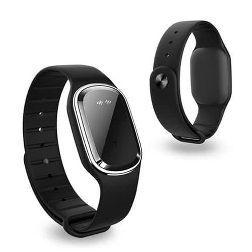 Fitness tracker wristband with sleek black design and digital display.